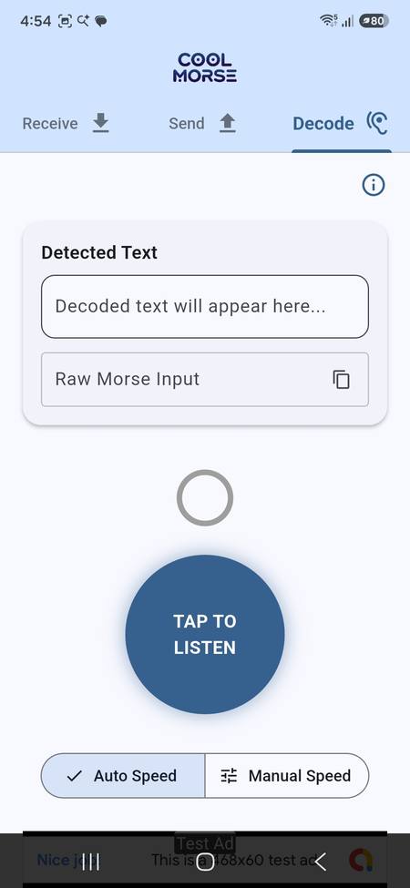 Kyulemorse Decode tab: a Tap to Listen button that decodes external Morse audio through the microphone, with Auto Speed and Manual Speed options