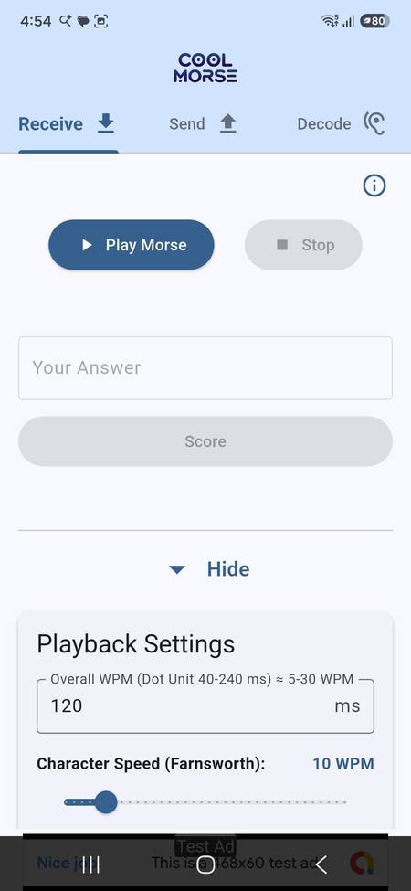 Kyulemorse Receive tab: Play Morse button, answer field and a Score button, with playback speed settings below